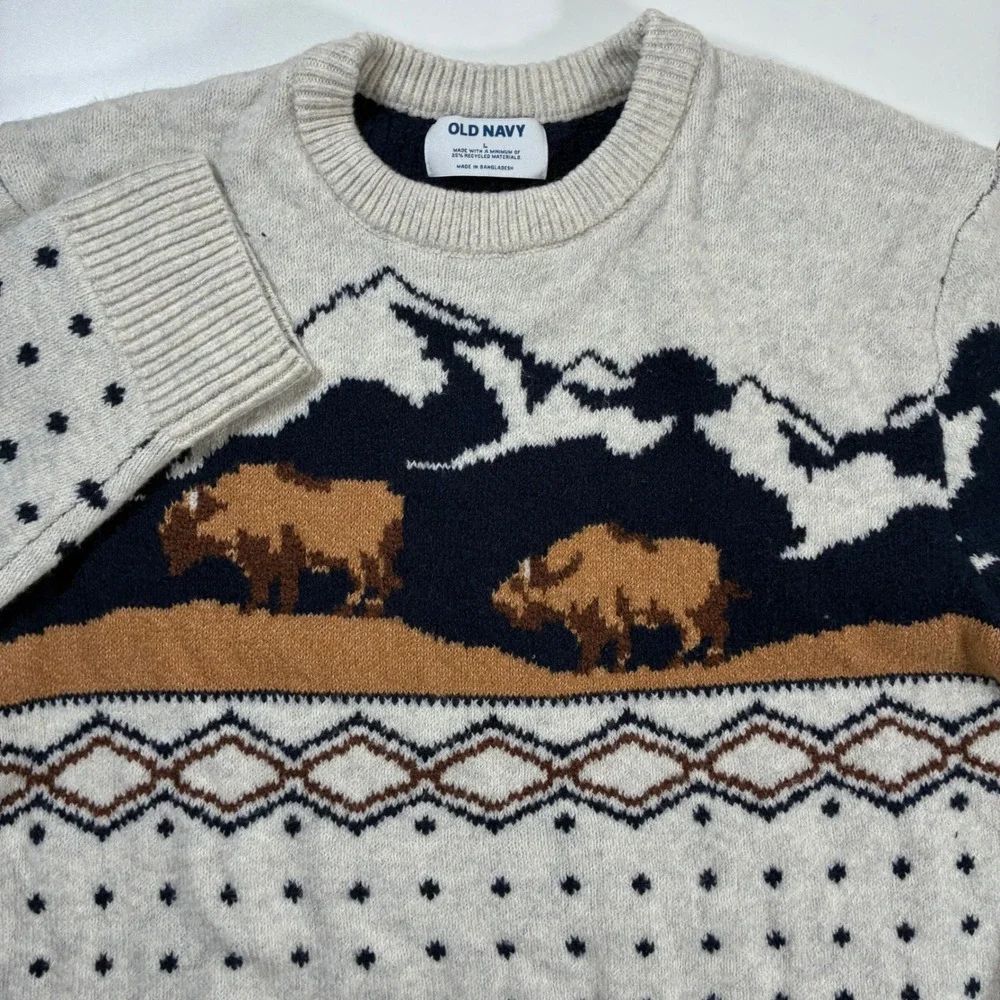 Old Navy Sweater Large Beige Bison Mountain Nylon Knit Pullover All Over AOP